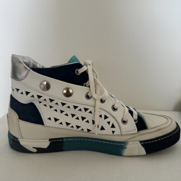 Free People Connor Hi Top Blue and White Laser Cut and Studded Sneaker Size 40 - Picture 7 of 11